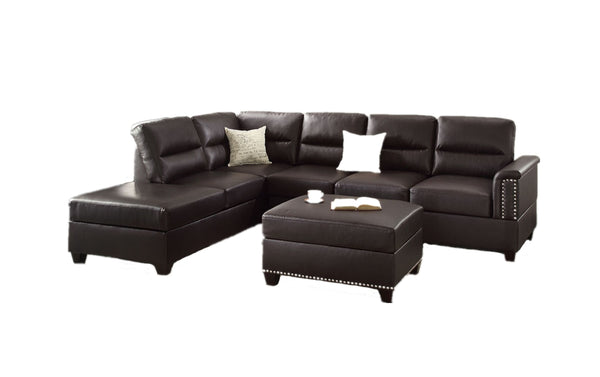 English Elm 3-PC Faux Leather Sectional in Espresso — Reversible Chaise, Ottoman, Solid Wood Frame, Spacious Comfort B089S00117