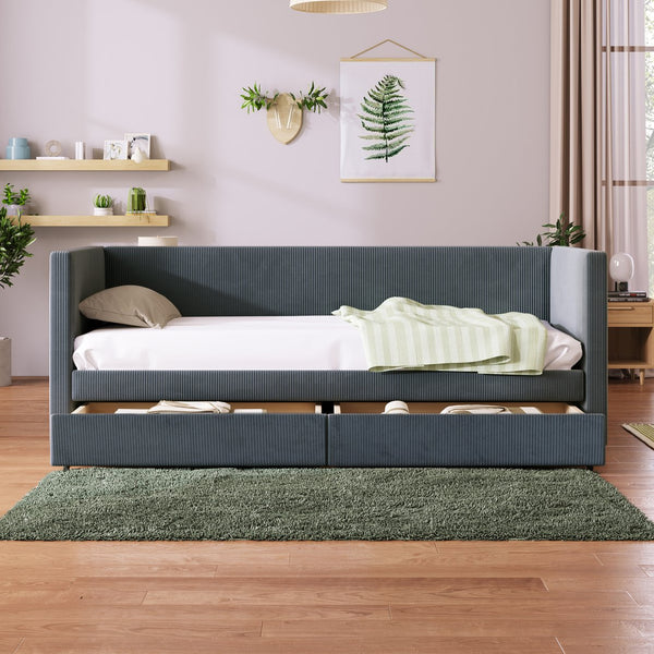 English Elm Twin Corduroy Daybed with Two Storage Drawers, Solid Pine Legs, Wood Slat Support, Durable Design Gray SF000007AAE