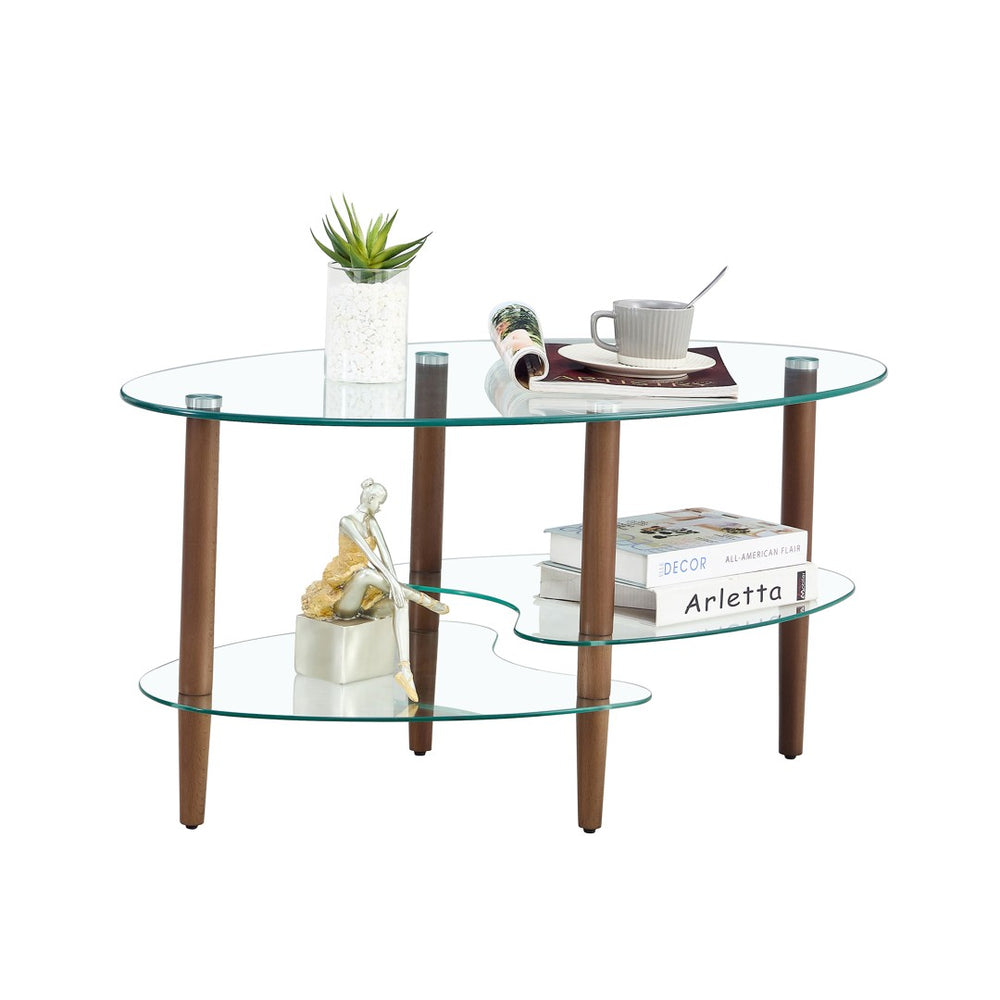 English Elm Transparent Oval Tempered Glass Coffee Table with Oak Legs Three Tier Living Room W24194362