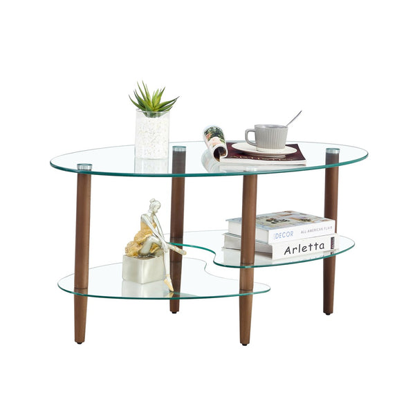 English Elm Transparent Oval Tempered Glass Coffee Table with Oak Legs Three Tier Living Room W24194362