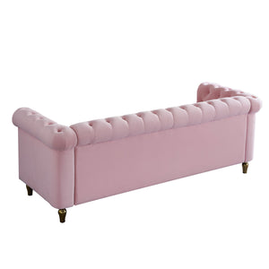 English Elm Chesterfield Rolled Arm Sofa 84.65" Elegant Button-Tufted Velvet, Gold Trim & Turned Feet Lounge Charm Pink W579104834