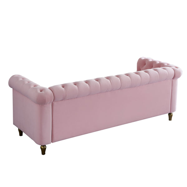 English Elm Chesterfield Rolled Arm Sofa 84.65" Elegant Button-Tufted Velvet, Gold Trim & Turned Feet Lounge Charm Pink W579104834