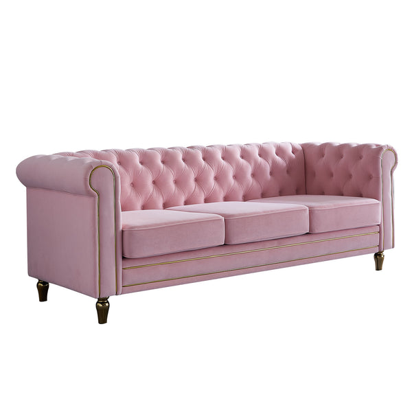 English Elm Chesterfield Rolled Arm Sofa 84.65" Elegant Button-Tufted Velvet, Gold Trim & Turned Feet Lounge Charm Pink W579104834