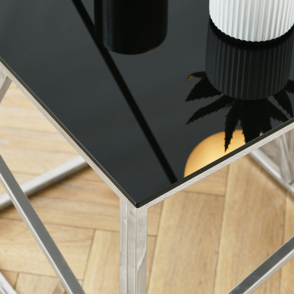 English Elm Modern Chrome Metal Console Table Black Tempered Glass Top for Entryway or Living Room W1567110797