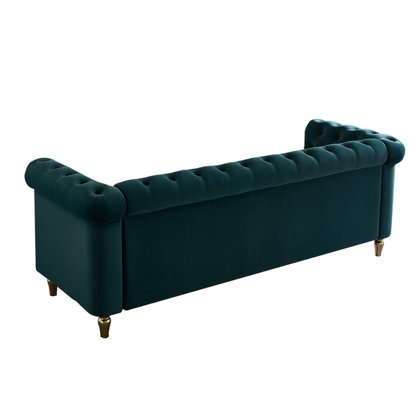 English Elm Chesterfield Rolled Arm Sofa 84.65" Elegant Button-Tufted Velvet, Gold Trim & Turned Feet Lounge Charm Green W579104832