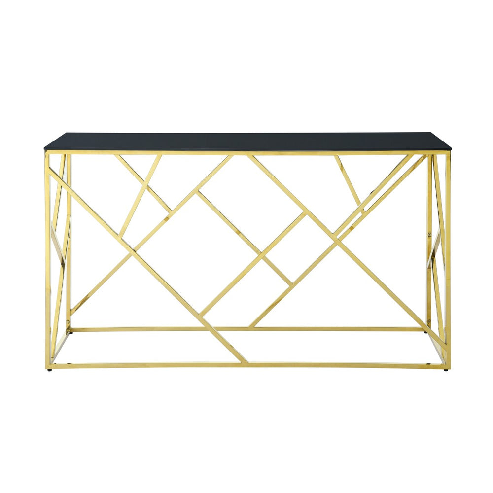 English Elm Modern Chrome Metal Console Table Black Tempered Glass Top for Entryway or Living Room W1567110796