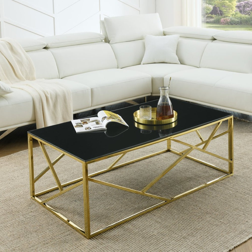 English Elm Modern Black Tempered Glass Rectangular Table with Gold Steel Frame for Living Spaces W1567110789