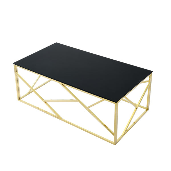 English Elm Modern Black Tempered Glass Rectangular Table with Gold Steel Frame for Living Spaces W1567110789