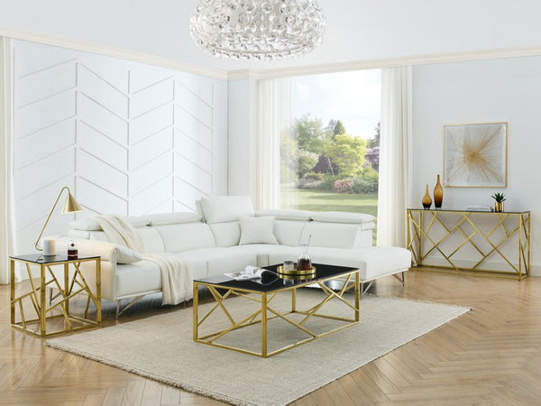 English Elm Modern Black Tempered Glass Rectangular Table with Gold Steel Frame for Living Spaces W1567110789