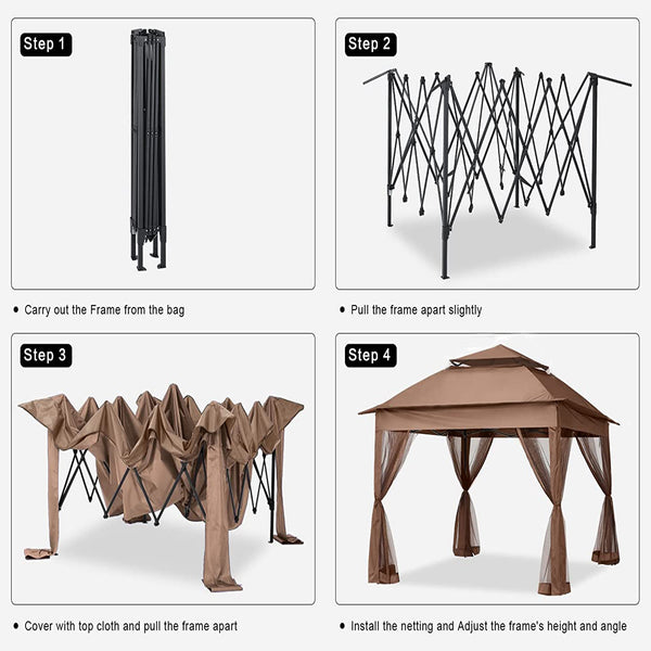 English Elm Outdoor 11x11 Ft Gazebo Canopy with Double-Tier Ventilated Roof, Removable Mesh, Sandbags Brown W419104362