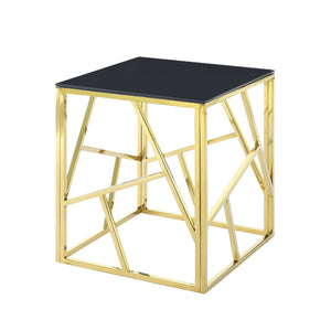 English Elm 20 Inch Gold Geometric Metal Frame Glass Top Accent Table for Living Room or Bedroom W1567110792