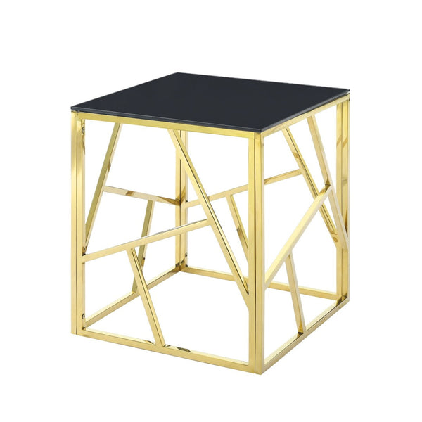 English Elm 20 Inch Gold Geometric Metal Frame Glass Top Accent Table for Living Room or Bedroom W1567110792