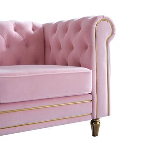 English Elm Chesterfield Rolled Arm Sofa 84.65" Elegant Button-Tufted Velvet, Gold Trim & Turned Feet Lounge Charm Pink W579104834