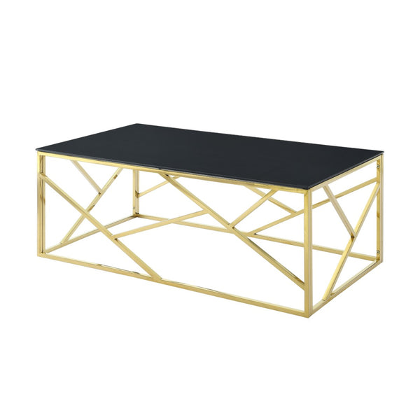 English Elm Modern Black Tempered Glass Rectangular Table with Gold Steel Frame for Living Spaces W1567110789