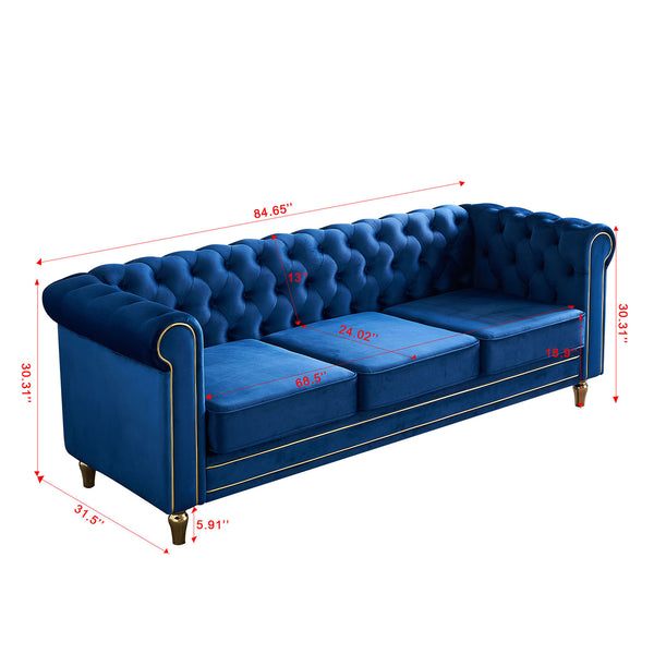 English Elm Chesterfield Rolled Arm Sofa 84.65" Elegant Button-Tufted Velvet, Gold Trim & Turned Feet Lounge Charm Blue W579104839