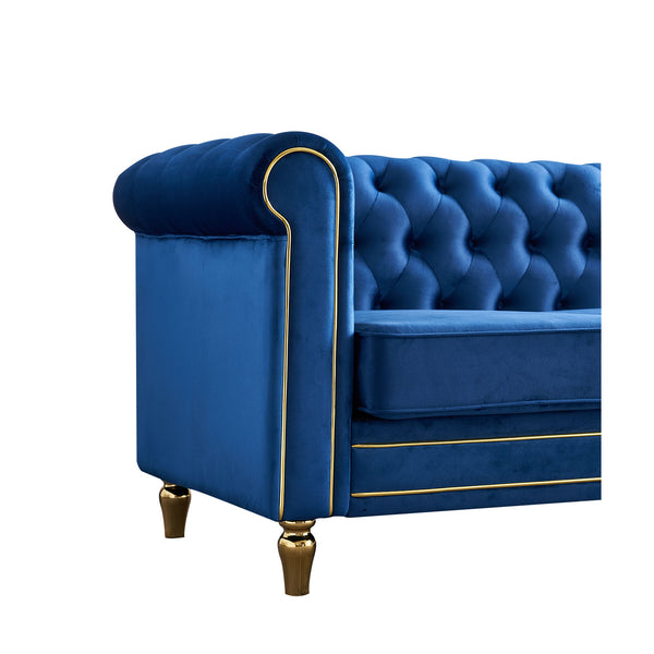English Elm Chesterfield Rolled Arm Sofa 84.65" Elegant Button-Tufted Velvet, Gold Trim & Turned Feet Lounge Charm Blue W579104839
