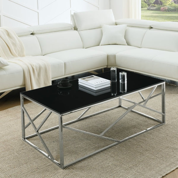 English Elm Modern Black Tempered Glass Rectangular Table with Gold Steel Frame for Living Spaces W1567110791