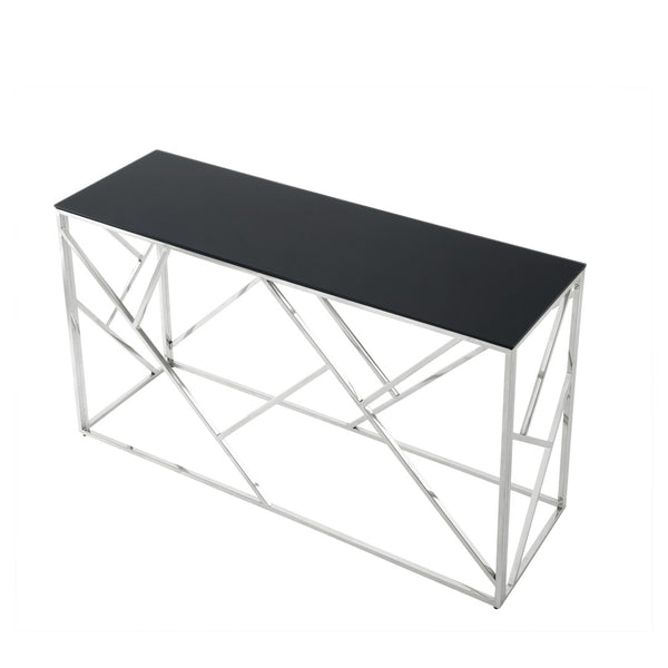 English Elm Modern Chrome Metal Console Table Black Tempered Glass Top for Entryway or Living Room W1567110797