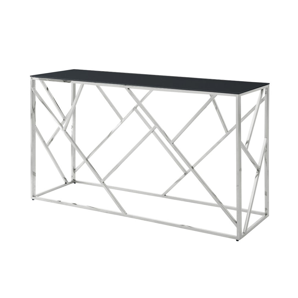 English Elm Modern Chrome Metal Console Table Black Tempered Glass Top for Entryway or Living Room W1567110797