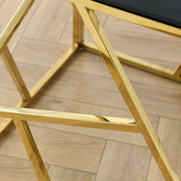 English Elm Modern Black Tempered Glass Rectangular Table with Gold Steel Frame for Living Spaces W1567110789