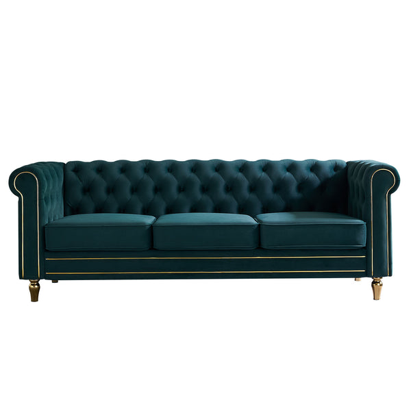 English Elm Chesterfield Rolled Arm Sofa 84.65" Elegant Button-Tufted Velvet, Gold Trim & Turned Feet Lounge Charm Green W579104832