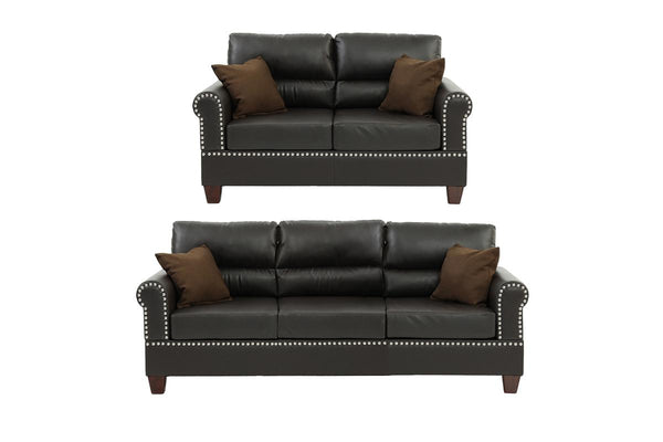 English Elm Espresso Plush Faux Leather 2-Piece Sofa & Loveseat Set with Nickel Buttons, Contemporary Comfort B011S00411