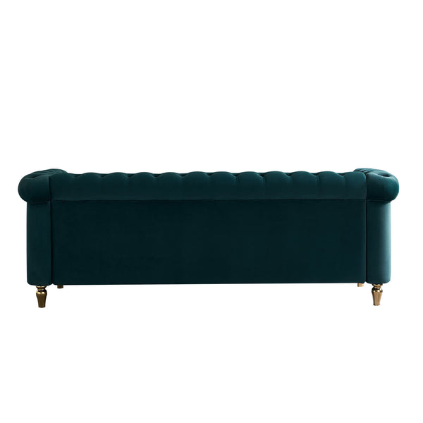 English Elm Chesterfield Rolled Arm Sofa 84.65" Elegant Button-Tufted Velvet, Gold Trim & Turned Feet Lounge Charm Green W579104832