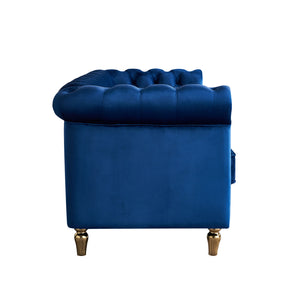 English Elm Chesterfield Rolled Arm Sofa 84.65" Elegant Button-Tufted Velvet, Gold Trim & Turned Feet Lounge Charm Blue W579104839