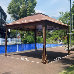 English Elm Outdoor 11x11 Ft Gazebo Canopy with Double-Tier Ventilated Roof, Removable Mesh, Sandbags Brown W419104362