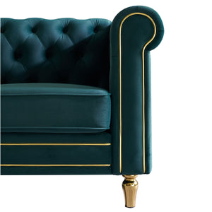 English Elm Chesterfield Rolled Arm Sofa 84.65" Elegant Button-Tufted Velvet, Gold Trim & Turned Feet Lounge Charm Green W579104832