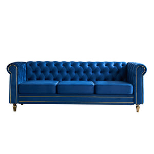 English Elm Chesterfield Rolled Arm Sofa 84.65" Elegant Button-Tufted Velvet, Gold Trim & Turned Feet Lounge Charm Blue W579104839