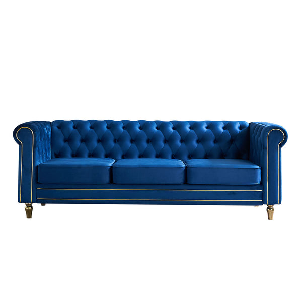 English Elm Chesterfield Rolled Arm Sofa 84.65" Elegant Button-Tufted Velvet, Gold Trim & Turned Feet Lounge Charm Blue W579104839