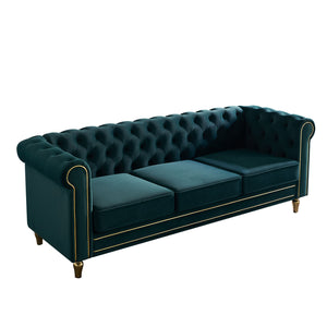 English Elm Chesterfield Rolled Arm Sofa 84.65" Elegant Button-Tufted Velvet, Gold Trim & Turned Feet Lounge Charm Green W579104832