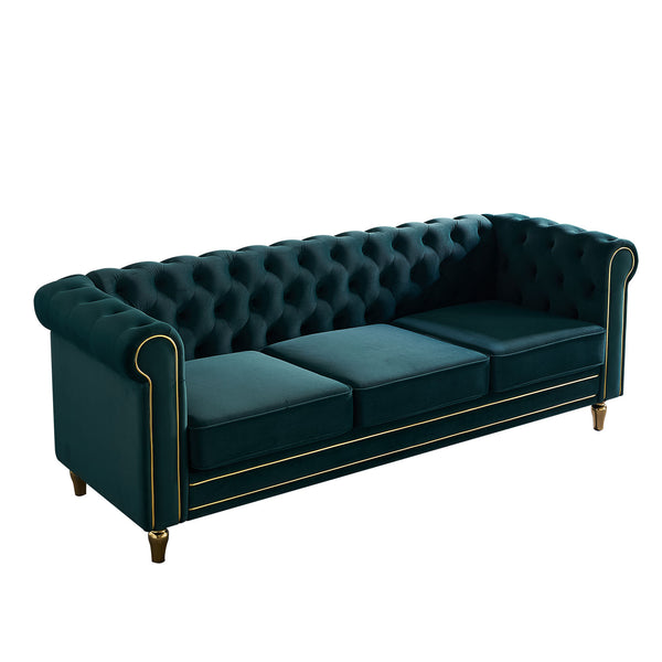 English Elm Chesterfield Rolled Arm Sofa 84.65" Elegant Button-Tufted Velvet, Gold Trim & Turned Feet Lounge Charm Green W579104832