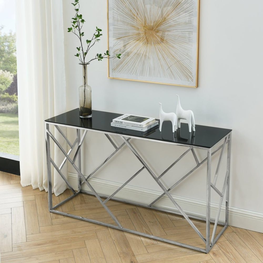 English Elm Modern Chrome Metal Console Table Black Tempered Glass Top for Entryway or Living Room W1567110797