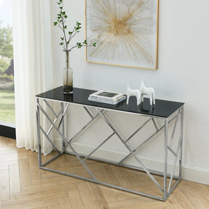 English Elm Modern Chrome Metal Console Table Black Tempered Glass Top for Entryway or Living Room W1567110797
