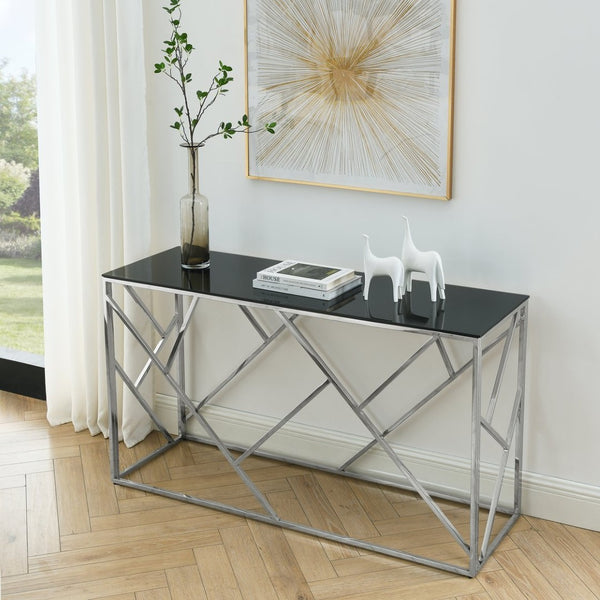 English Elm Modern Chrome Metal Console Table Black Tempered Glass Top for Entryway or Living Room W1567110797
