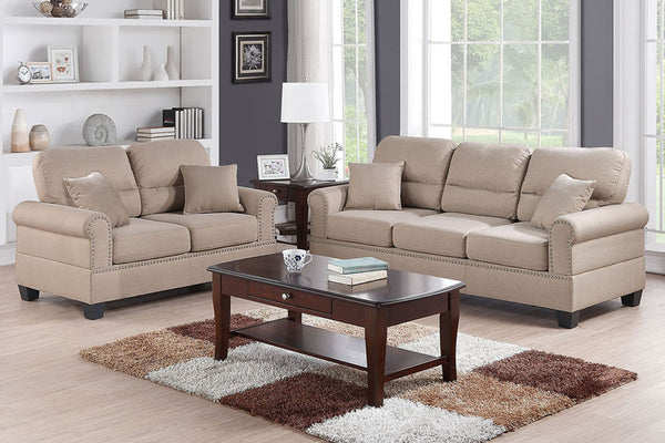 English Elm Sand 2-Piece Sofa & Loveseat Set — Plush Double Barrel Seats, Nickel Button Trim, Contemporary Linen-Like Fabric, Family Relax Living Room Furniture B011S00412