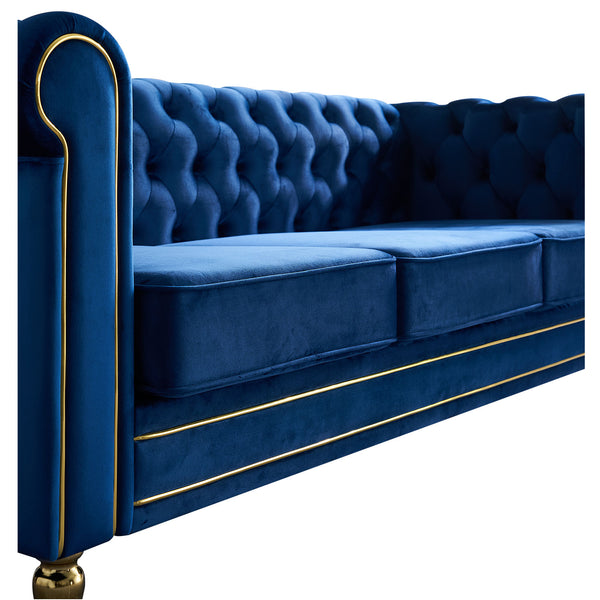 English Elm Chesterfield Rolled Arm Sofa 84.65" Elegant Button-Tufted Velvet, Gold Trim & Turned Feet Lounge Charm Blue W579104839