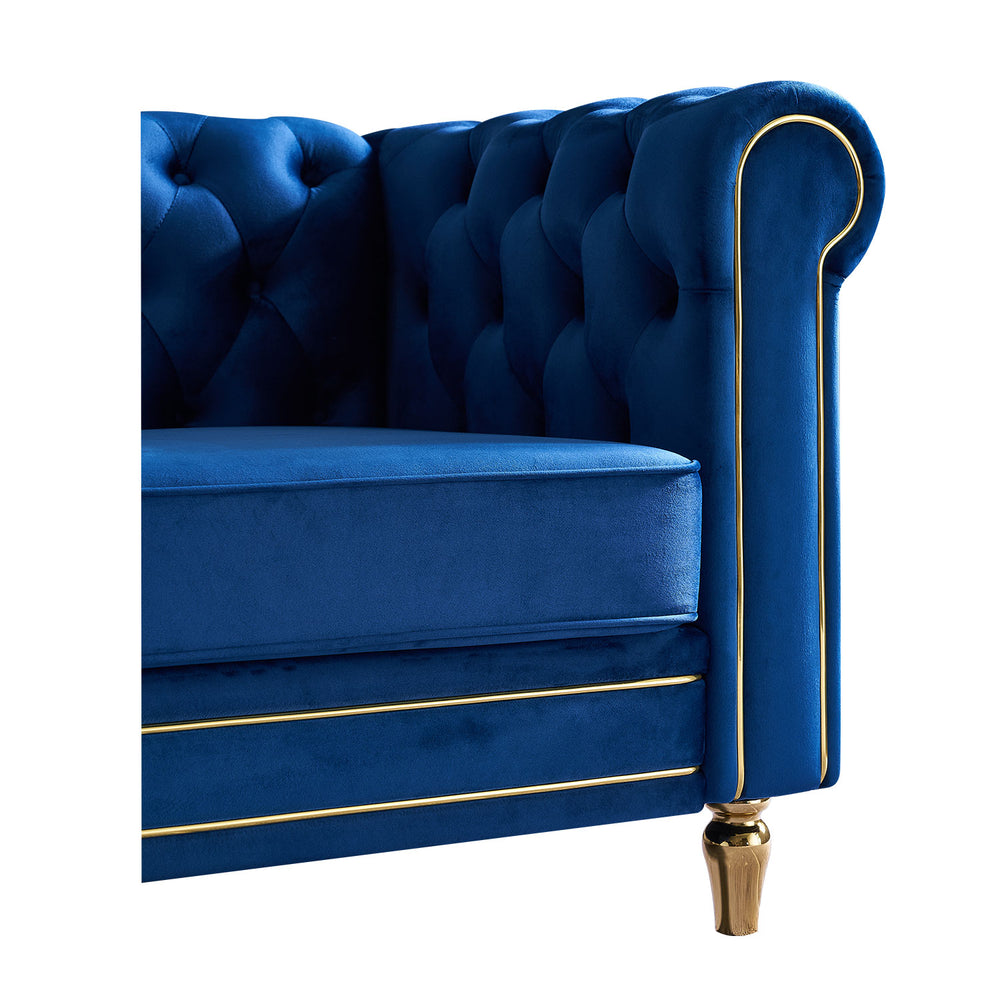 English Elm Chesterfield Rolled Arm Sofa 84.65" Elegant Button-Tufted Velvet, Gold Trim & Turned Feet Lounge Charm Blue W579104839