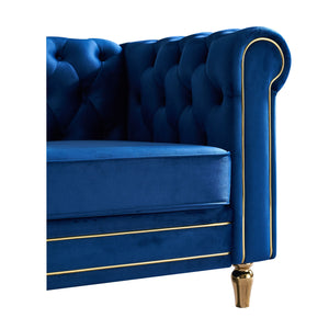 English Elm Chesterfield Rolled Arm Sofa 84.65" Elegant Button-Tufted Velvet, Gold Trim & Turned Feet Lounge Charm Blue W579104839