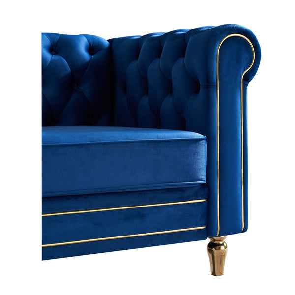 English Elm Chesterfield Rolled Arm Sofa 84.65" Elegant Button-Tufted Velvet, Gold Trim & Turned Feet Lounge Charm Blue W579104839