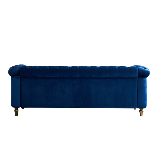 English Elm Chesterfield Rolled Arm Sofa 84.65" Elegant Button-Tufted Velvet, Gold Trim & Turned Feet Lounge Charm Blue W579104839