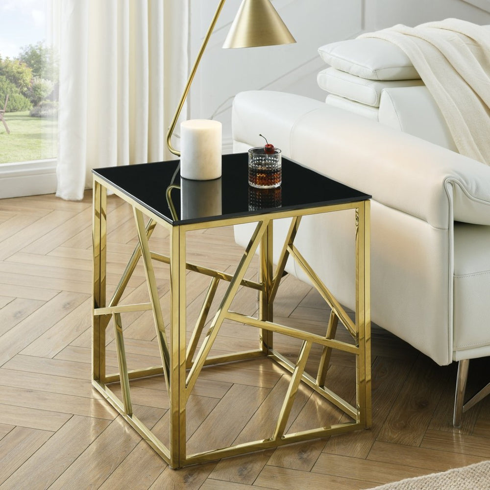 English Elm 20 Inch Gold Geometric Metal Frame Glass Top Accent Table for Living Room or Bedroom W1567110792