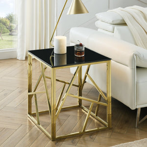 English Elm 20 Inch Gold Geometric Metal Frame Glass Top Accent Table for Living Room or Bedroom W1567110792