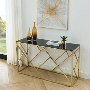 English Elm Modern Chrome Metal Console Table Black Tempered Glass Top for Entryway or Living Room W1567110796