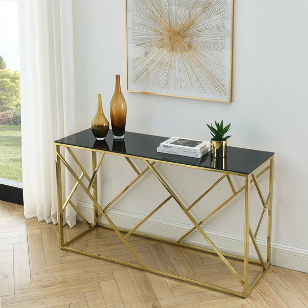 English Elm Modern Chrome Metal Console Table Black Tempered Glass Top for Entryway or Living Room W1567110796