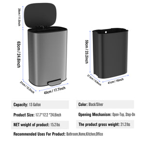 English Elm 13 13 Gallon 50L Trash Can, Soft-Close Step Pedal Bin, Fingerprint-Proof Stainless Steel, Quiet Lid W1550106530