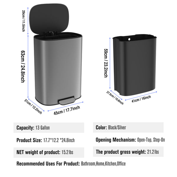 English Elm 13 13 Gallon 50L Trash Can, Soft-Close Step Pedal Bin, Fingerprint-Proof Stainless Steel, Quiet Lid W1550106530