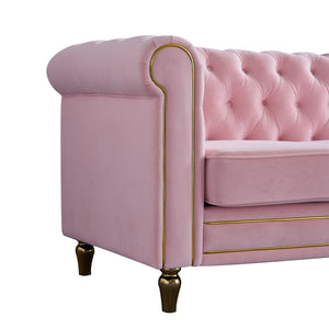 English Elm Chesterfield Rolled Arm Sofa 84.65" Elegant Button-Tufted Velvet, Gold Trim & Turned Feet Lounge Charm Pink W579104834